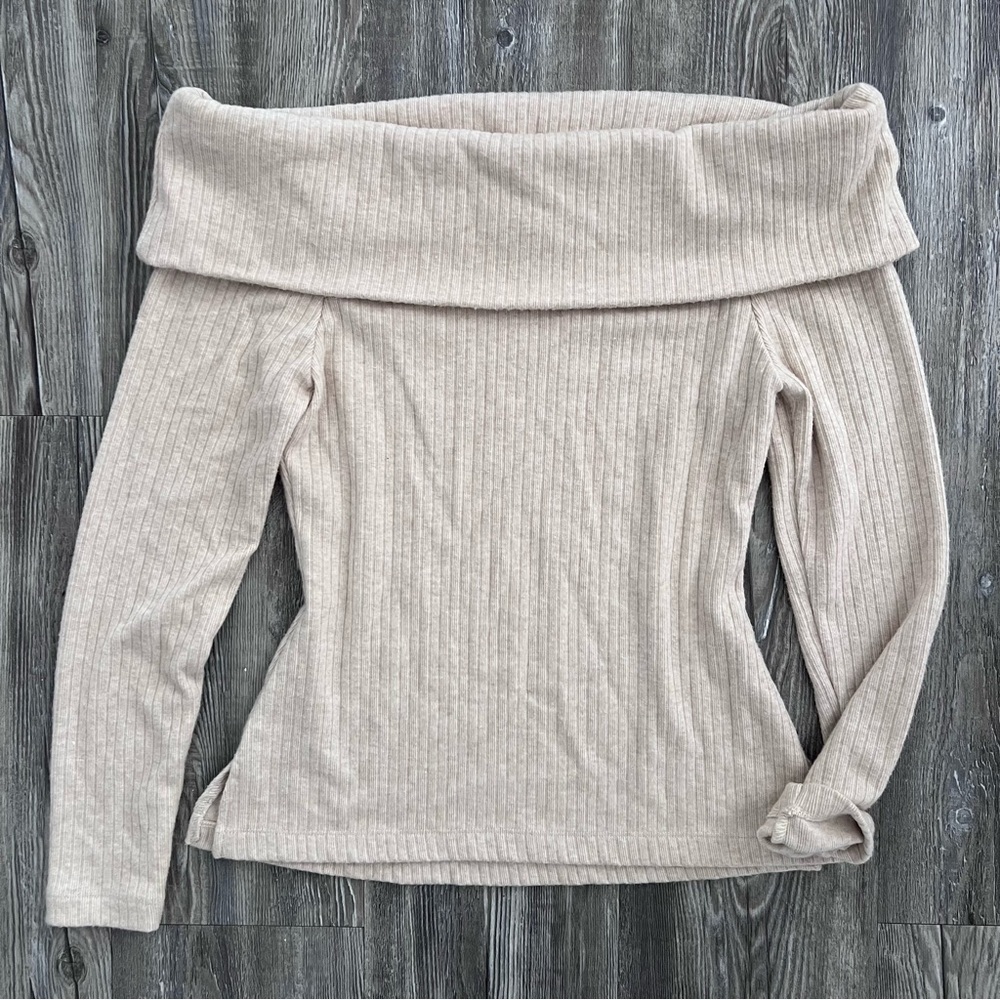 Cream Off The Shoulder Ribbed Foldover Sweater - Picture 5 of 5